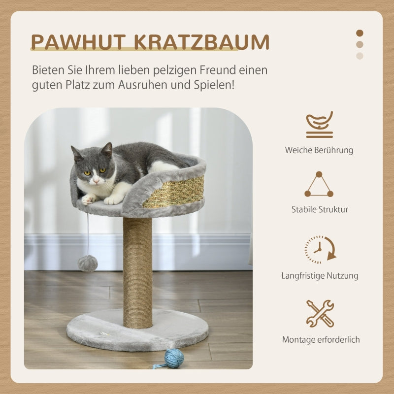 PawHut Cat Tree Small, Cat Scratching Post with Play Ball Lying Area, Jute Grey