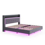 Upholstered Bed 140x200, USB & LED Light, Linen Fabric Gray