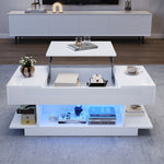 Lift Coffee Table, Height-Adjustable Storage LED, High-Gloss White
