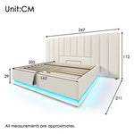 Upholstered Bed 160x200, Double Storage with App Control LED & USB-C, White PU