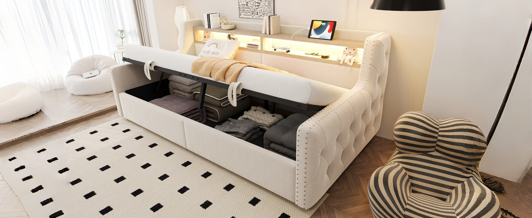Upholstered Sofa Bed with Hydraulic Storage, LED Lighting and Charging Station, 90x200cm, Beige Velvet