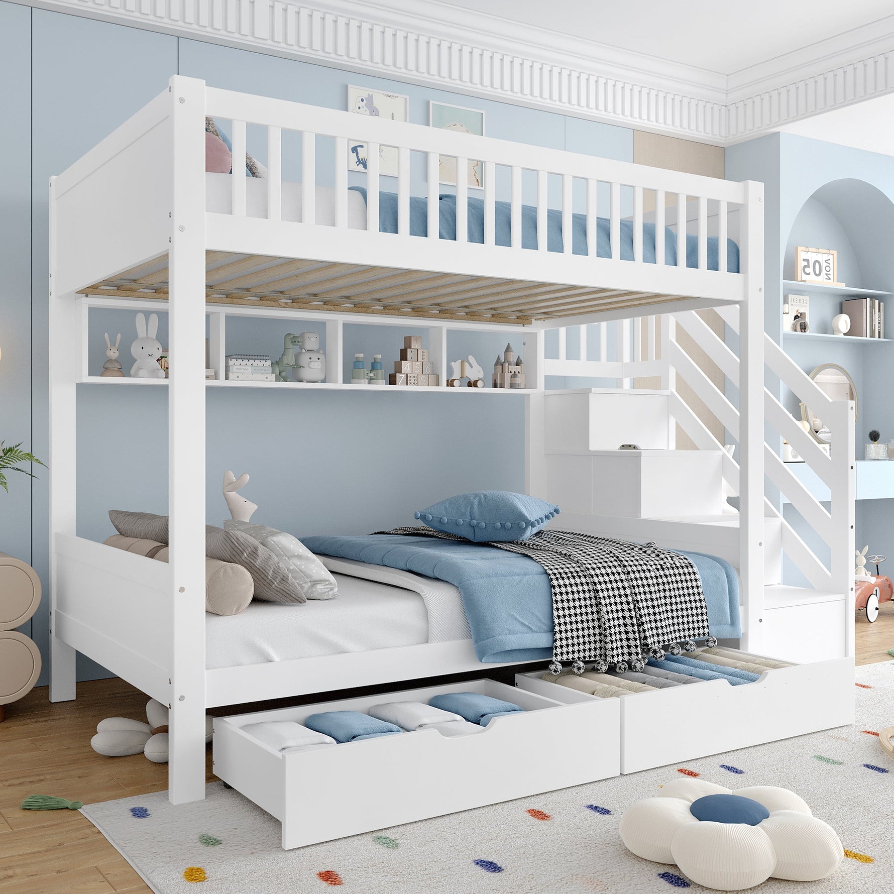 Bunk Bed 90x200cm Drawer Shelf Wardrobe Storage - White