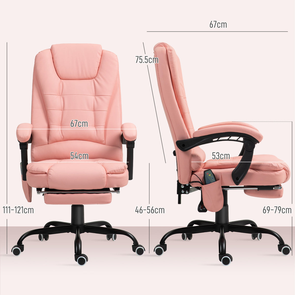 Office Chair, 7-Point Massage Reclining Height-Adjustable 120 kg Capacity, Pink