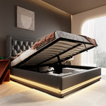 Upholstered Double Bed, 140x200cm Hydraulic Storage with USB Type-C Charging & 3-Sided LED, Black PU