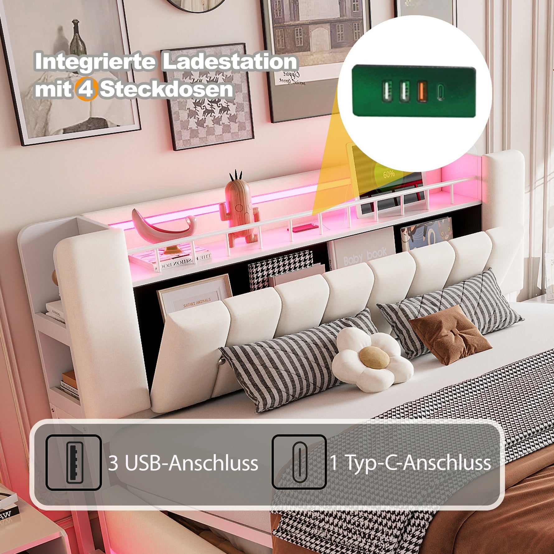 Smart Upholstered Bed with LED, USB and Hydraulic Storage, Beige Velvet