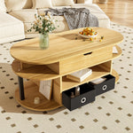 Modern Wood Grain Coffee Table with Lifting Function, Storage, and Black Fabric Drawers