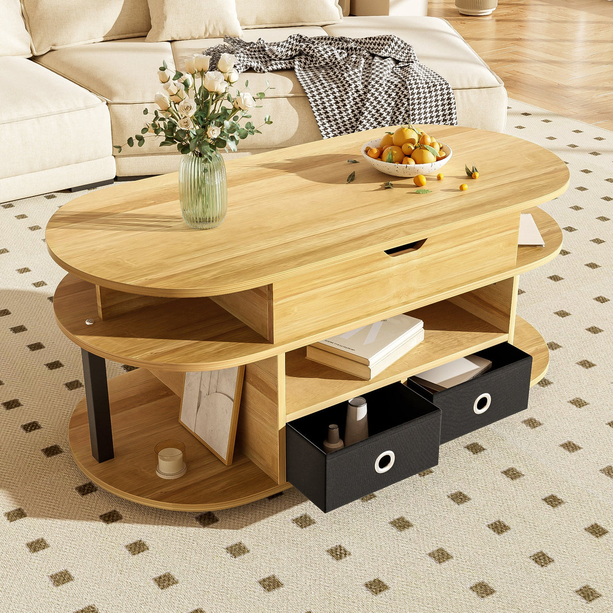 Modern Wood Grain Coffee Table with Lifting Function, Storage, and Black Fabric Drawers
