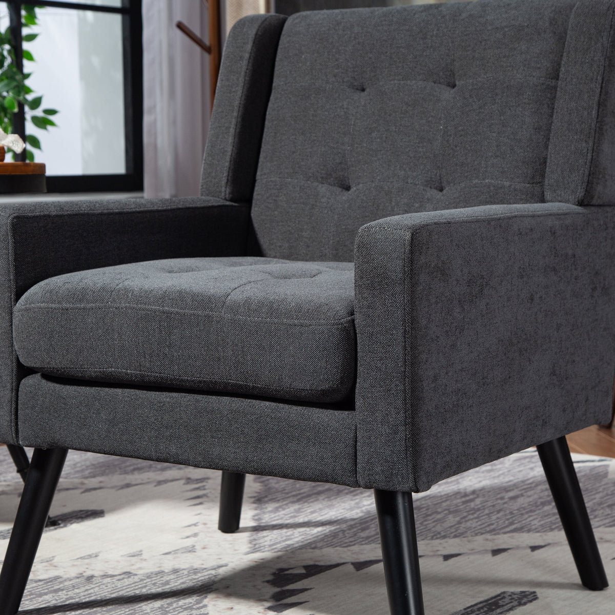 Upholstered Armchair with High-Density Foam and Solid Wood Legs, Black Suede