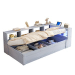 Sofa Bed 90x200cm with Storage, Socket & LED, Grey Wood
