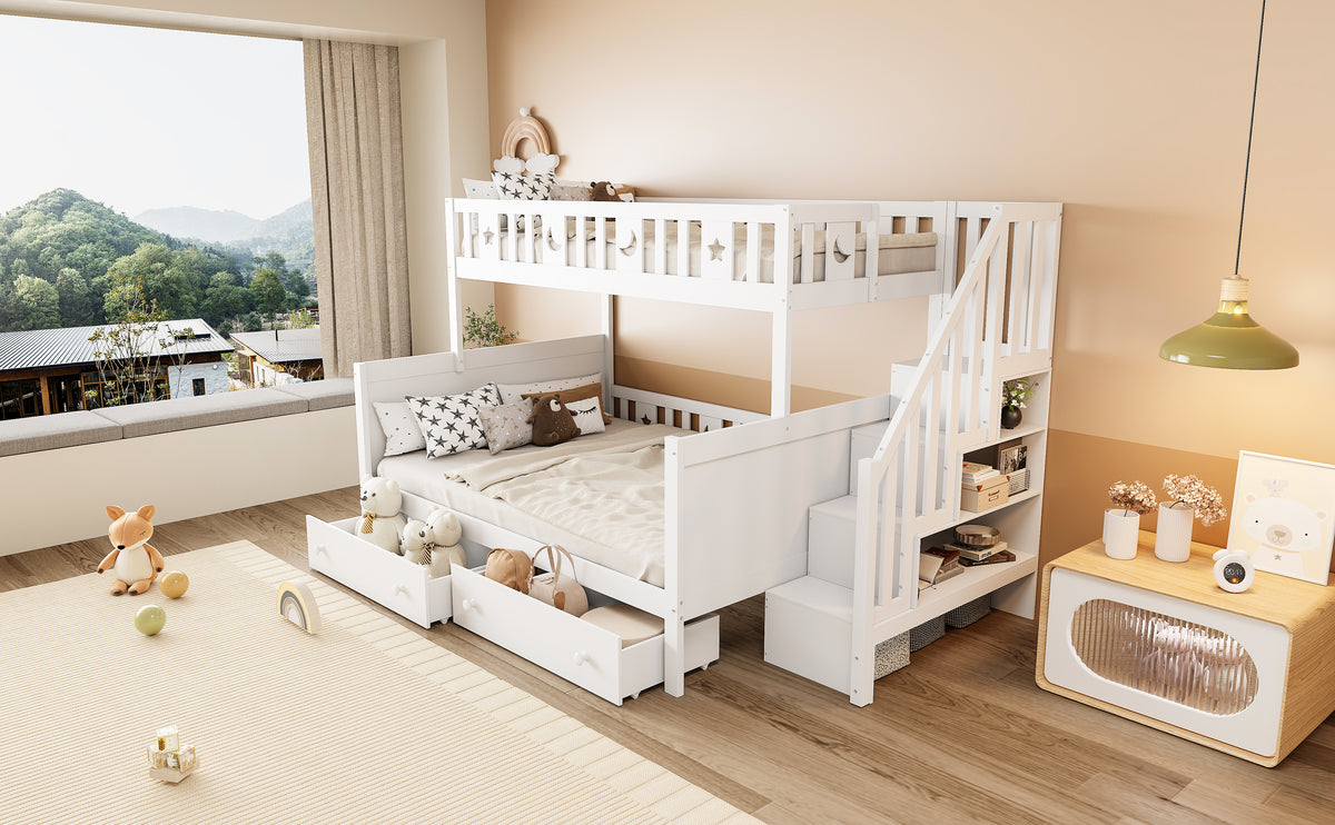 Children's Bunk Bed with Safety Stairs & Drawers, White