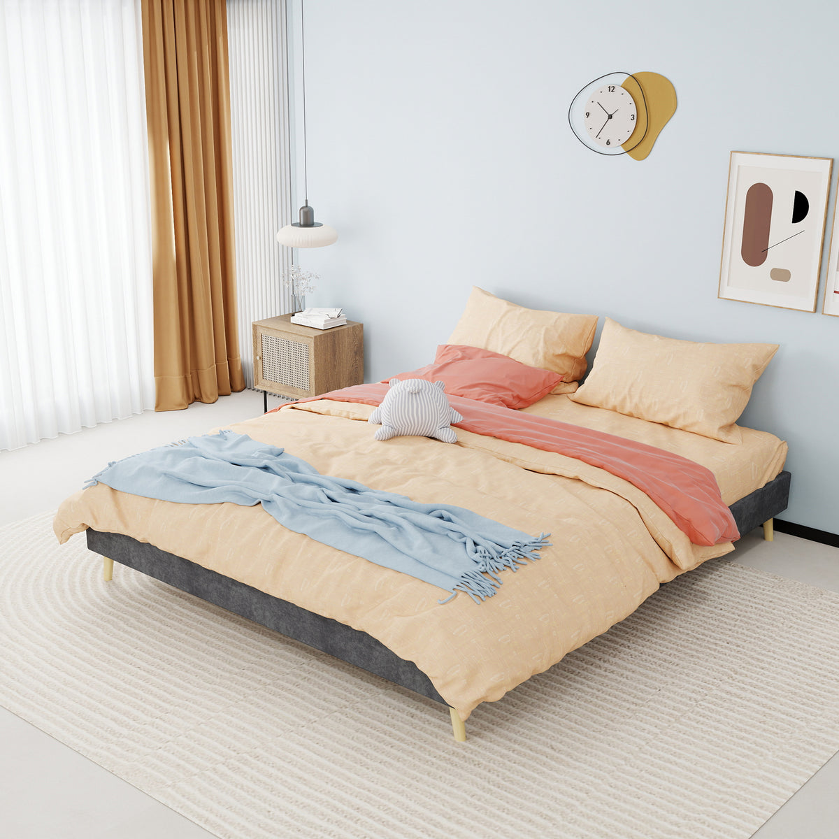 Bed Frame 160x200cm Minimalist Low Box - Gray Dutch Velvet