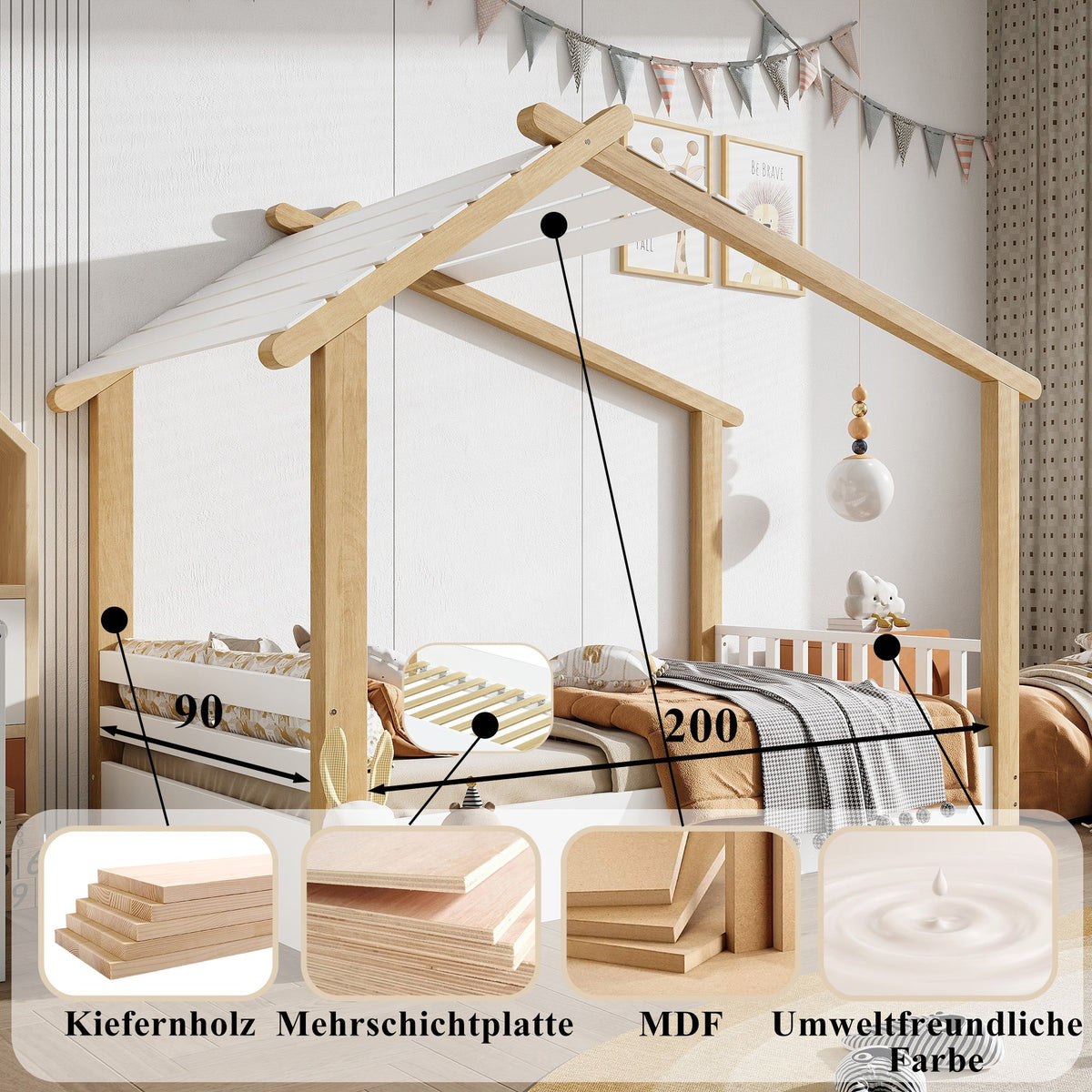 Wooden Bed, House Design Single with Slatted Frame, Pine & MDF White & Natural