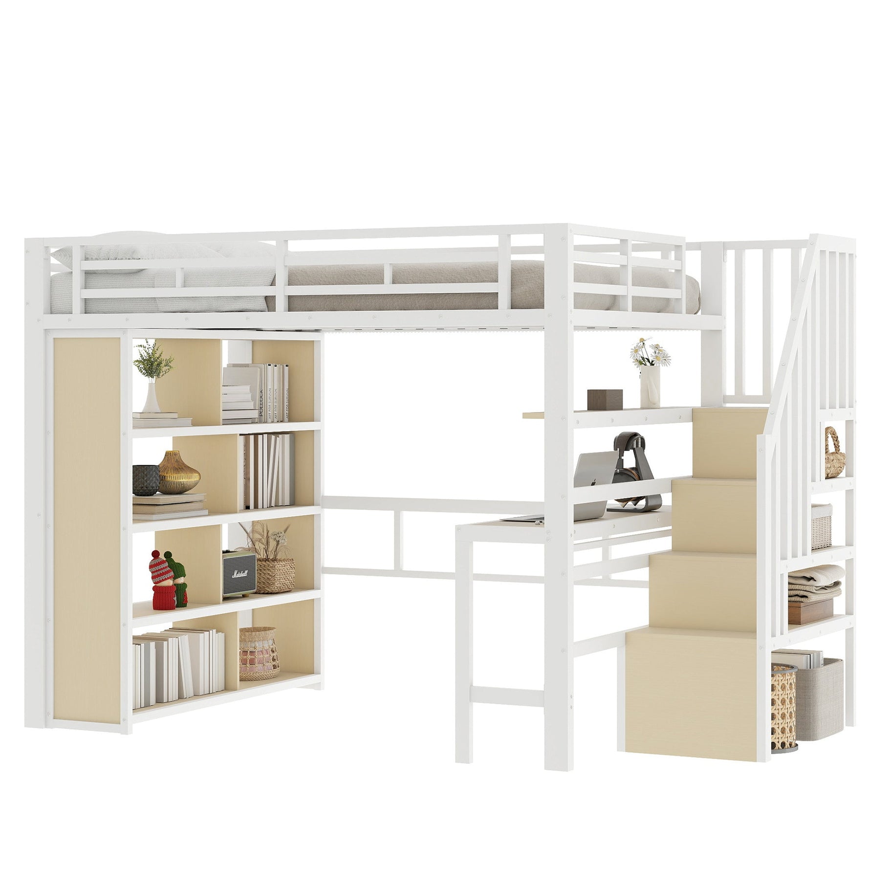 Loft Bed with Desk, Storage Staircase and LED Light Strip, 140x200cm, White Iron Frame