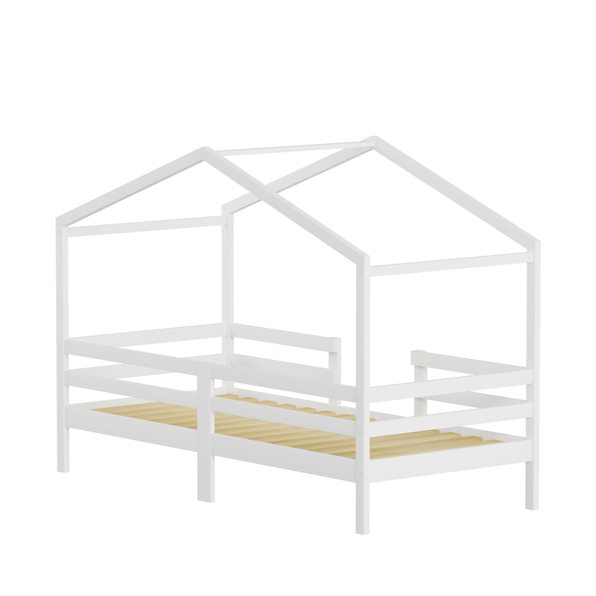 Children's House Bed 90x200cm Roof Design - Solid Pine, White