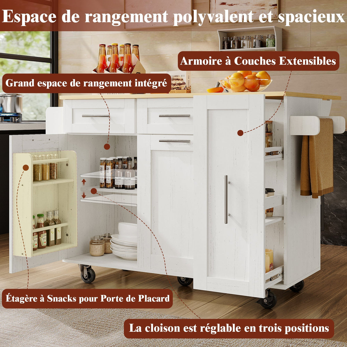 Dining Cart Kitchen Island - Multifunctional Extendable Table Storage - White Wood Grain