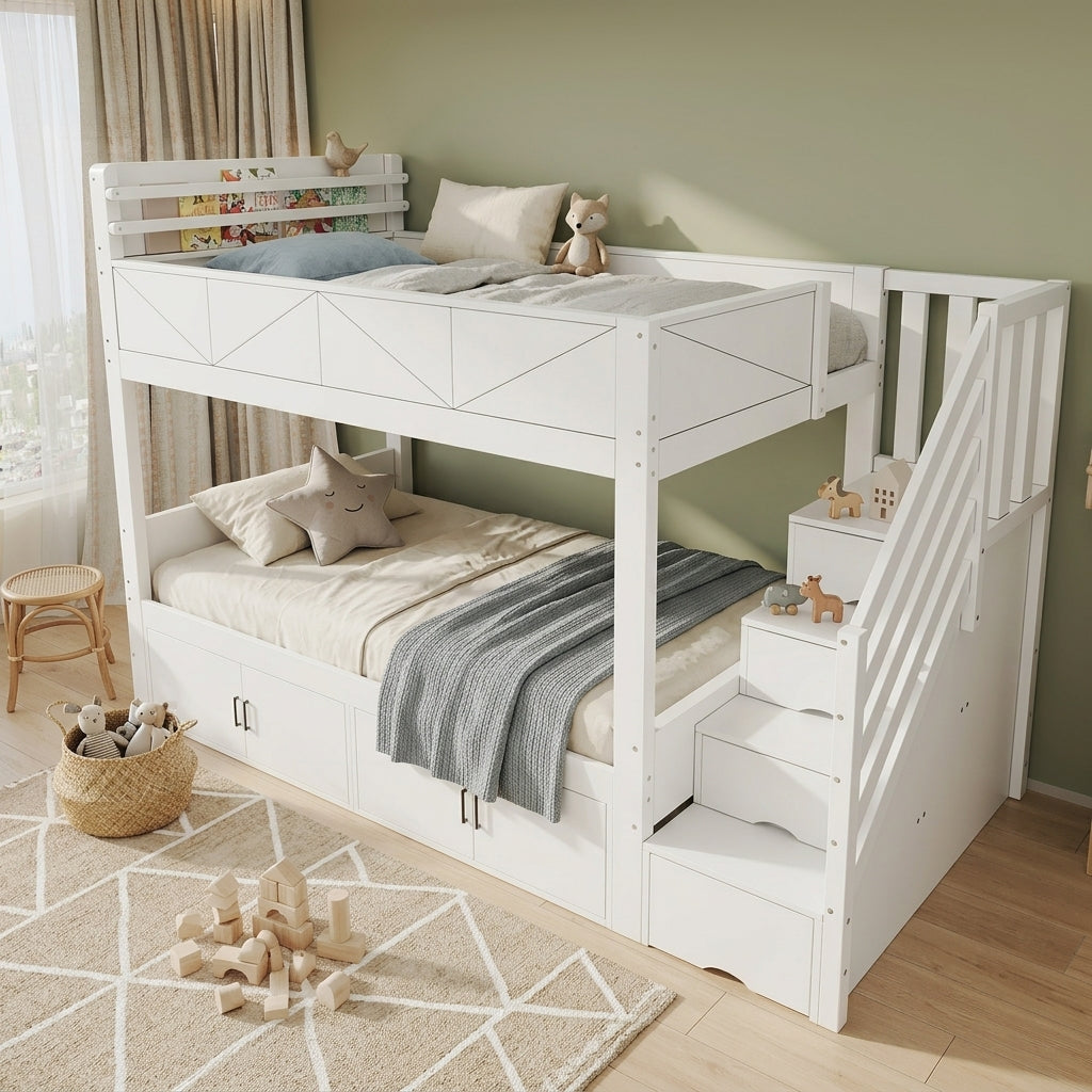 Bunk Bed 90x200 cm with Storage Stairs & Bookshelf, White
