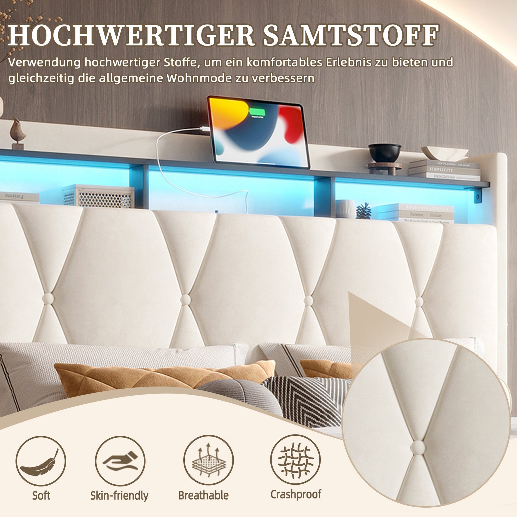 Upholstered Bed Frame 140x200 LED USB Hydraulic Storage Headboard, Beige