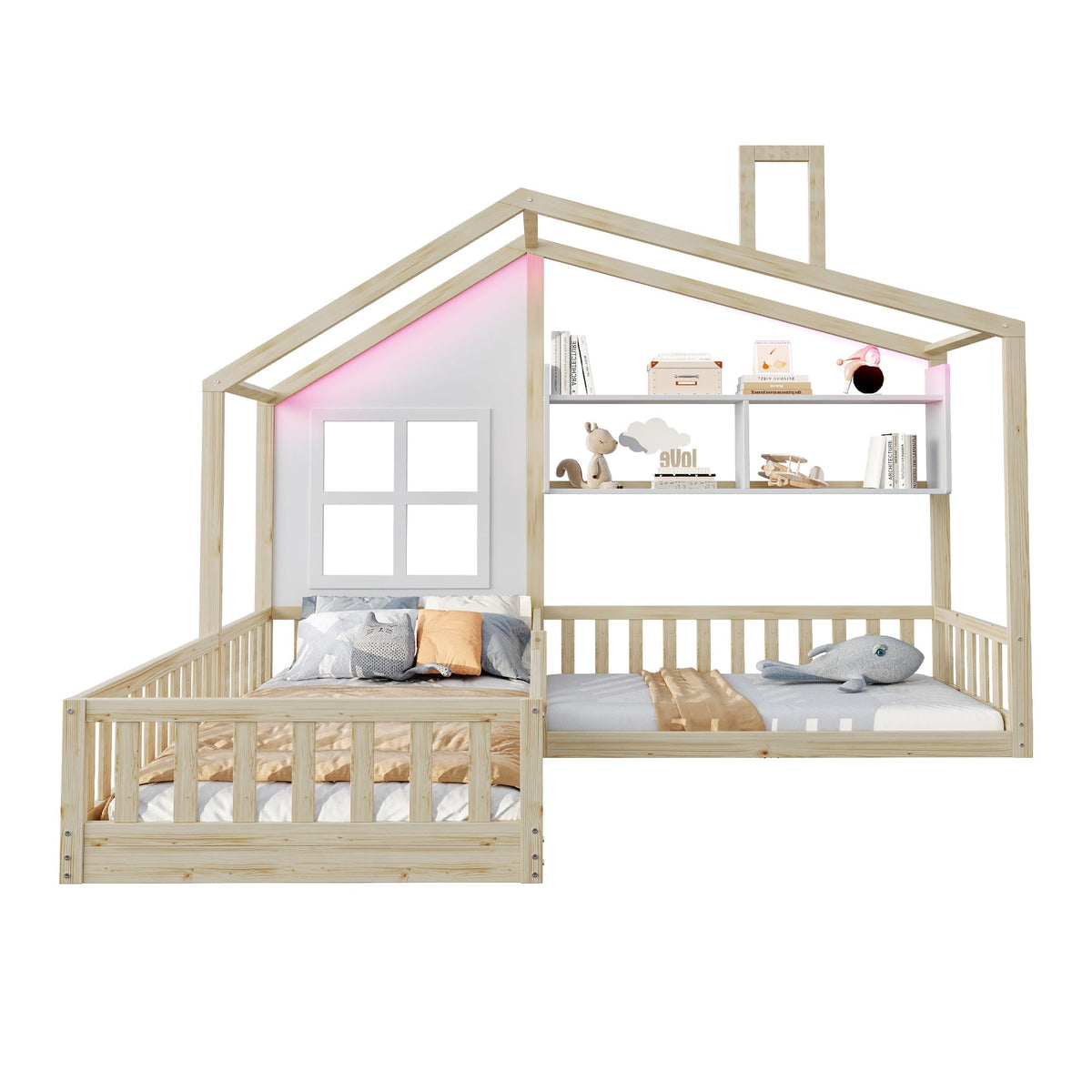 Children's Bed with Window, Shelves and LED Light Strip, Wood Color