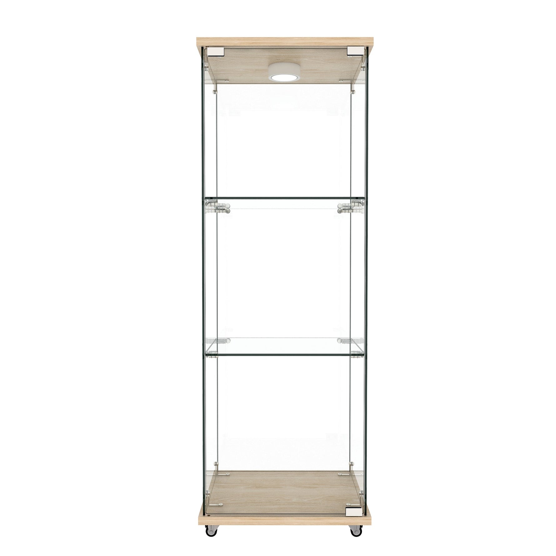Display Cabinet Modern LED Tempered Glass Single Door 3-Tier - Natural Wood Look