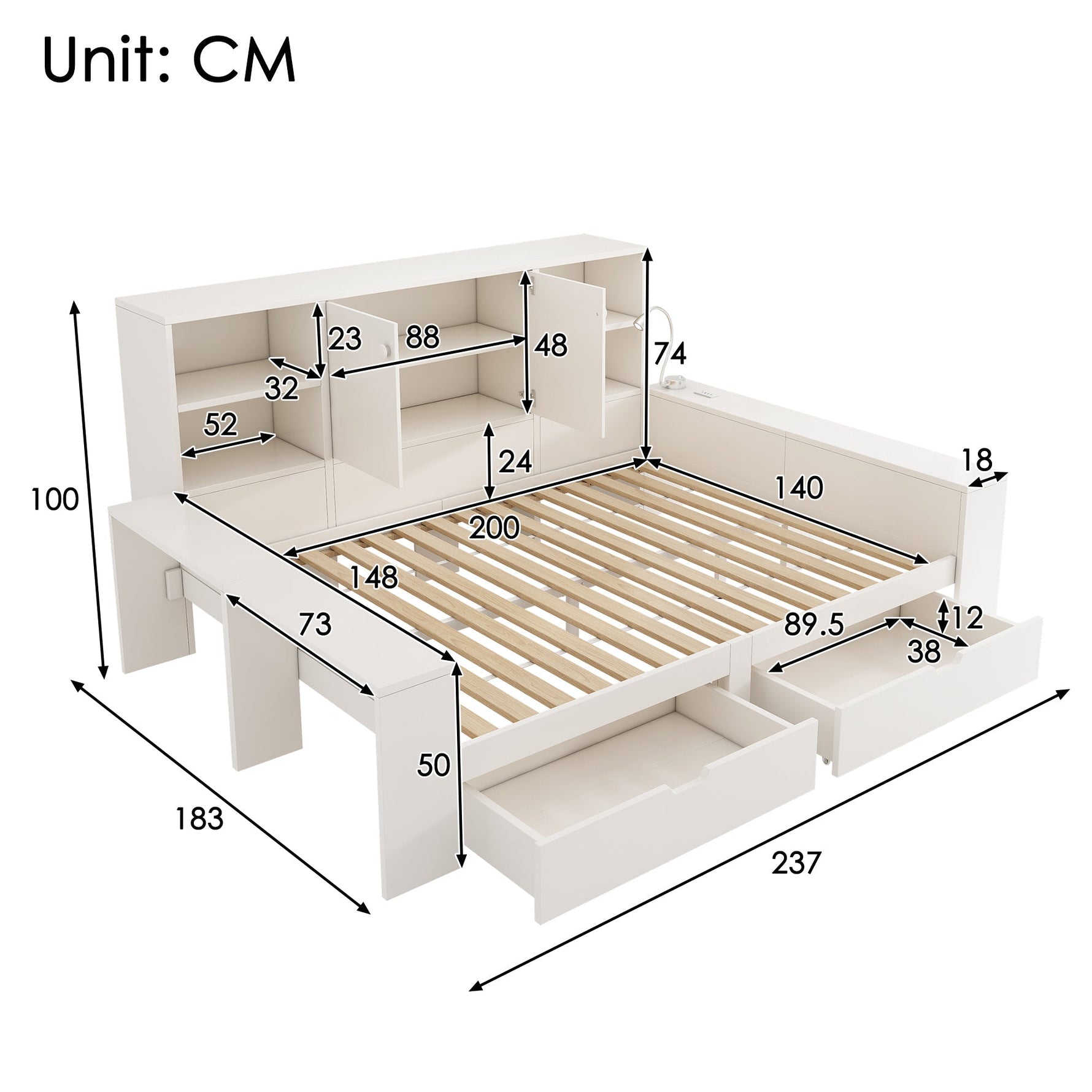 Storage Bed 140x200cm with Drawers, Double Doors and USB/USB-C Ports, White Wood