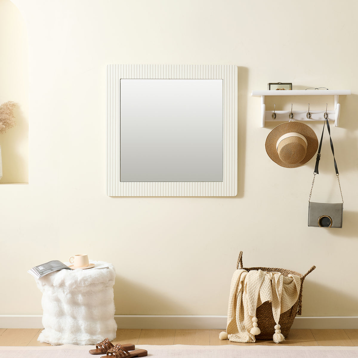 Square Wall Mirror 80x80cm Modern Design White Wood Look