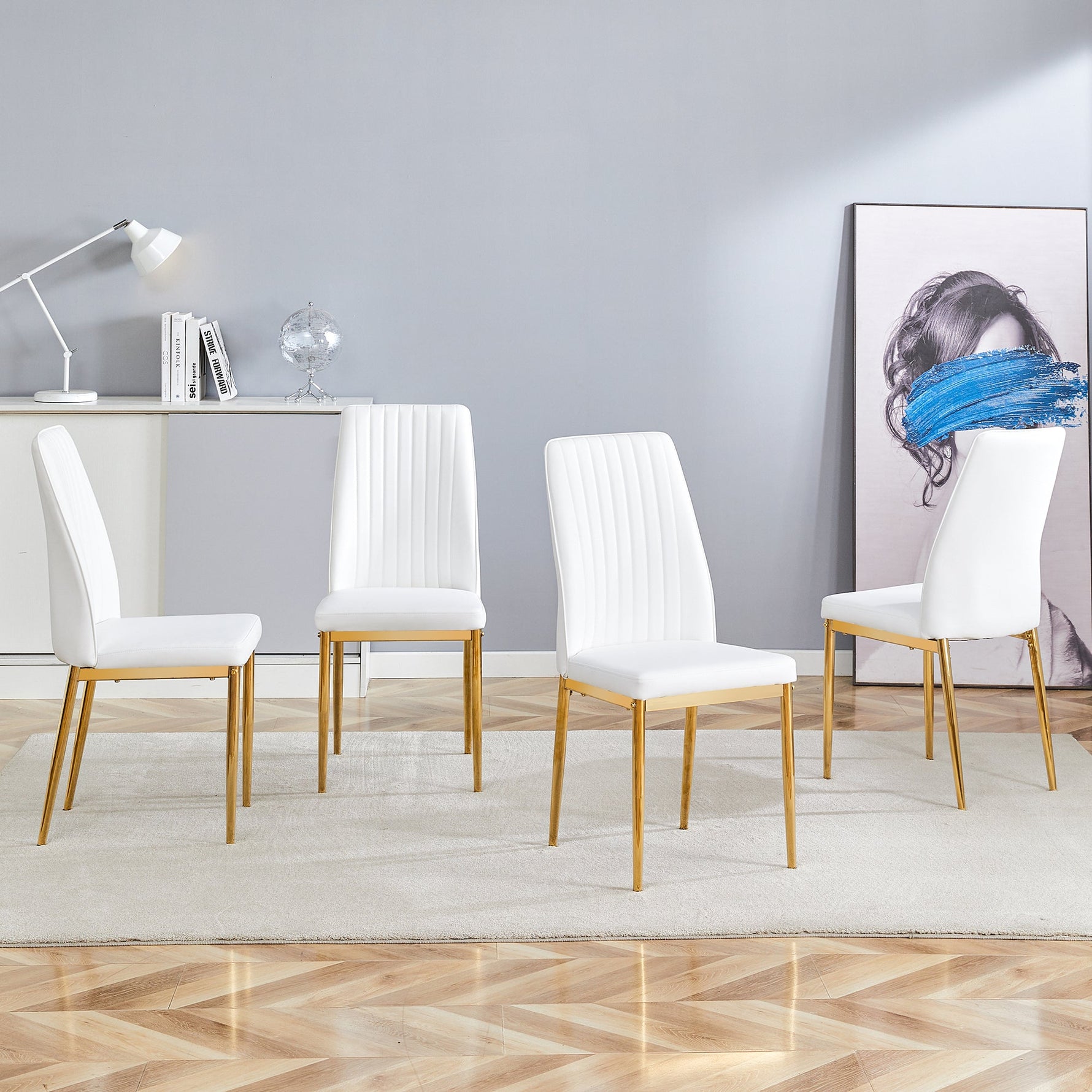 Fashionable Dining Chair 4-Piece Set with Golden Metal Legs, White PU Leather