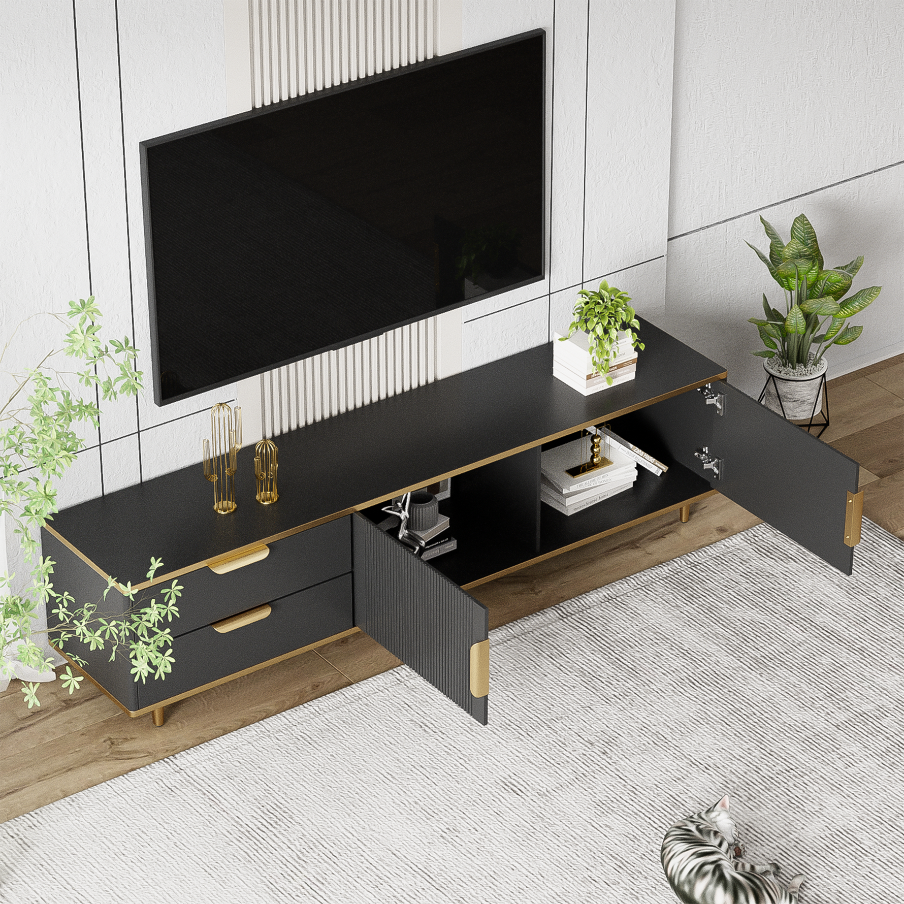 TV Cabinet, Lowboard with Carved Structure, Golden Accents