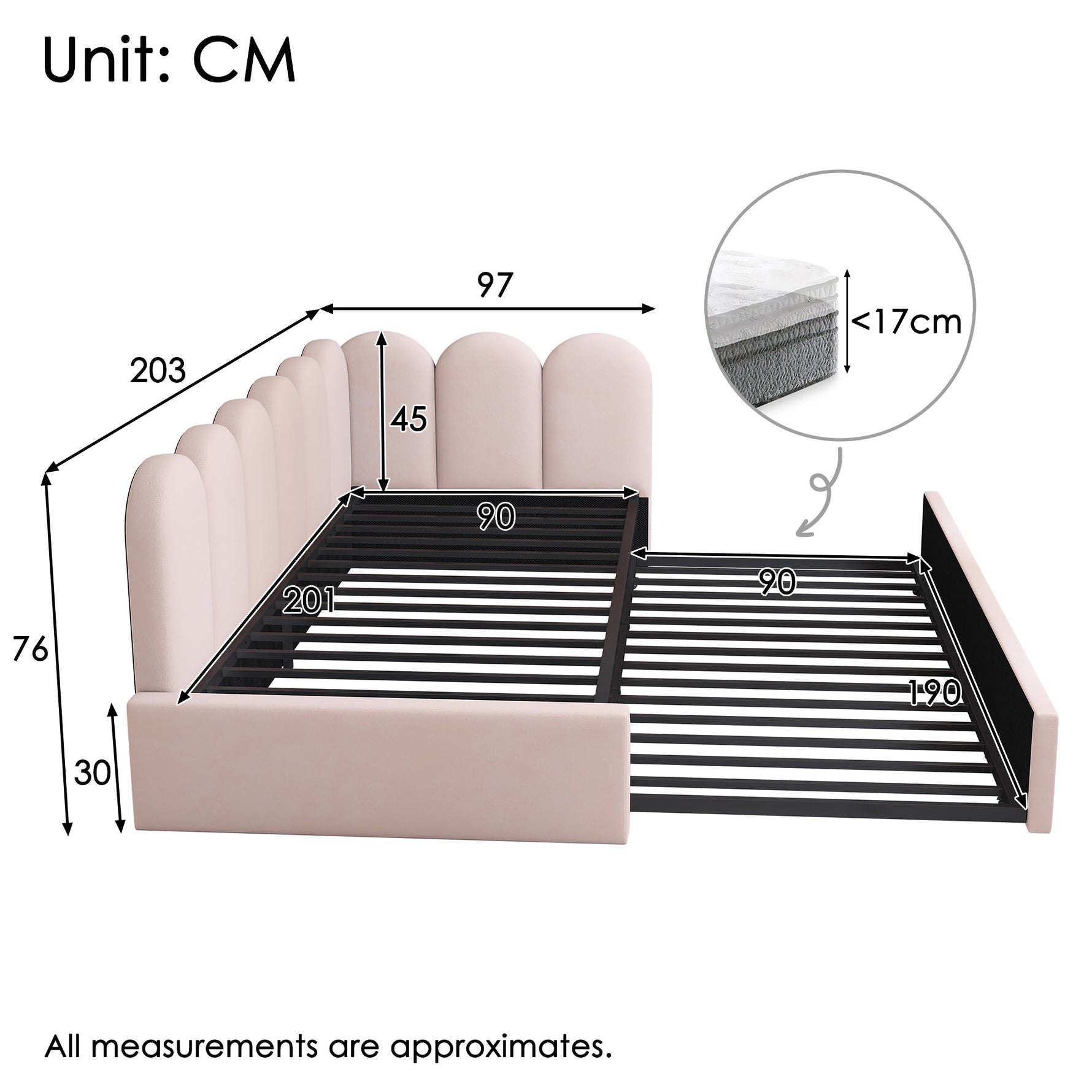 Upholstered Daybed Sofa Bed with Pull-out (90x200cm/90x190cm) Slatted Base, Velvet Pink