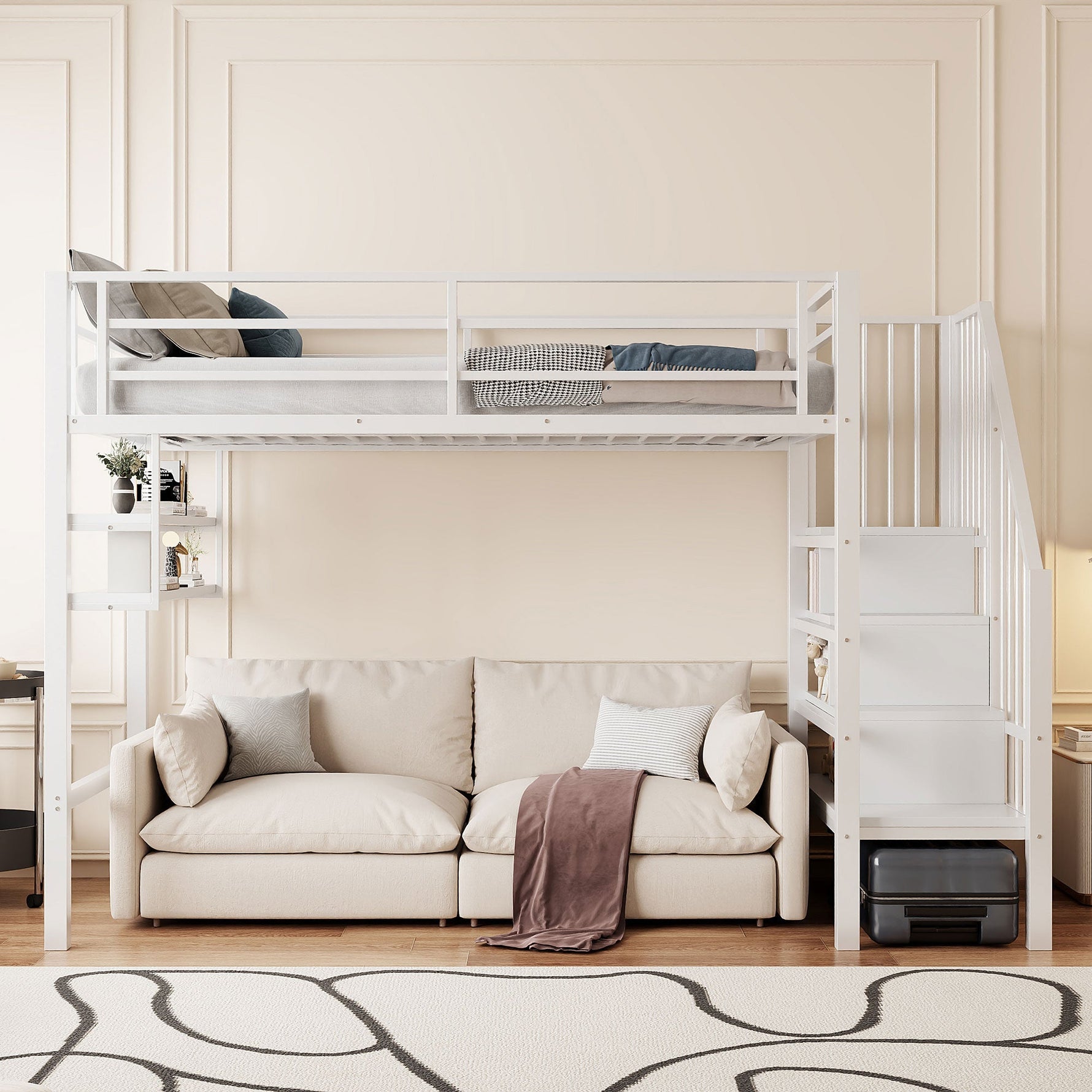 Loft Bed 90x200cm Storage Ladder Shelves - White