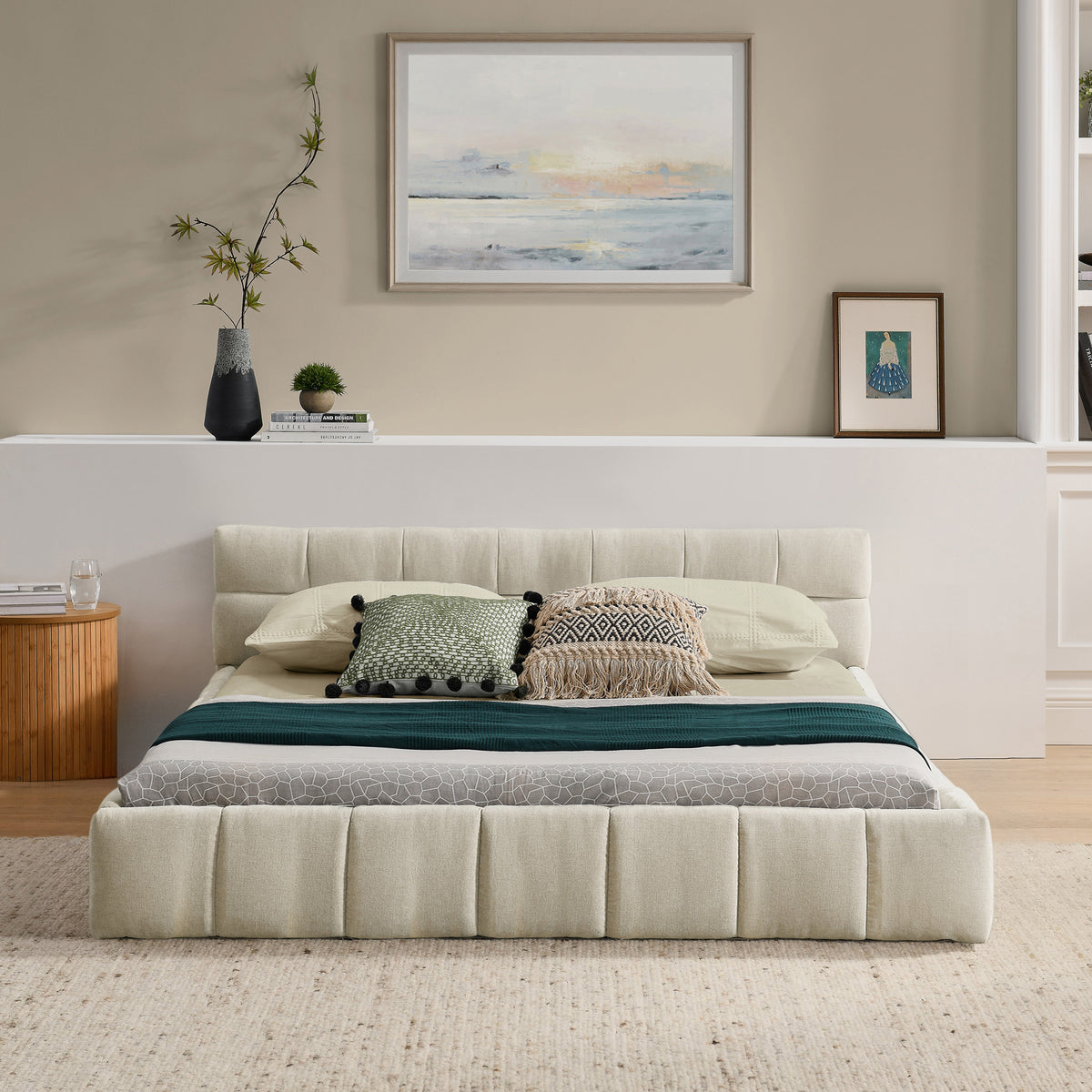 Double Bed 140x200cm Square Quilted Design, Beige Chenille