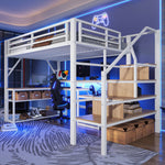 Loft Bed with Desk, LED Lighting and Storage Staircase, 140 x 200 cm, White