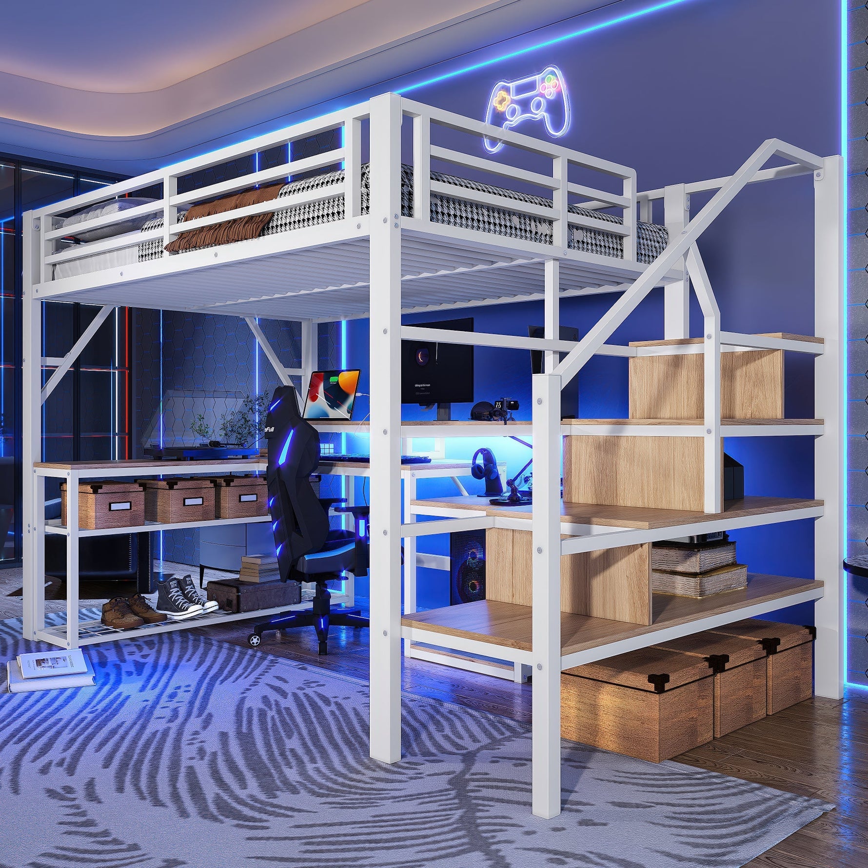 Loft Bed with Desk, LED Lighting and Storage Staircase, 140 x 200 cm, White