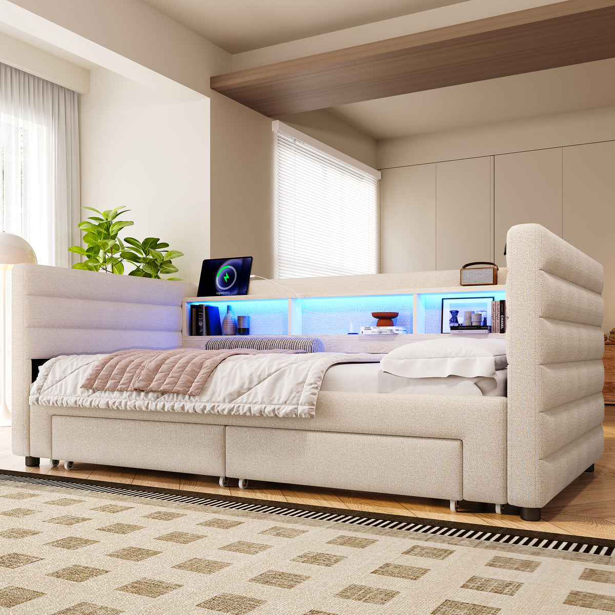 Daybed Sofa Bed 90x190cm Pull-Out Drawers USB LED, Beige Velvet
