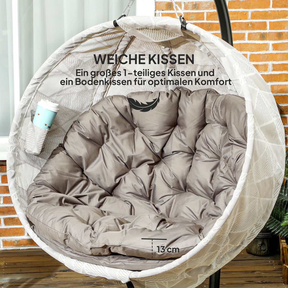 Egg-Shaped Outdoor Hanging Chair, Foldable Swing with Cup Holder, Sand
