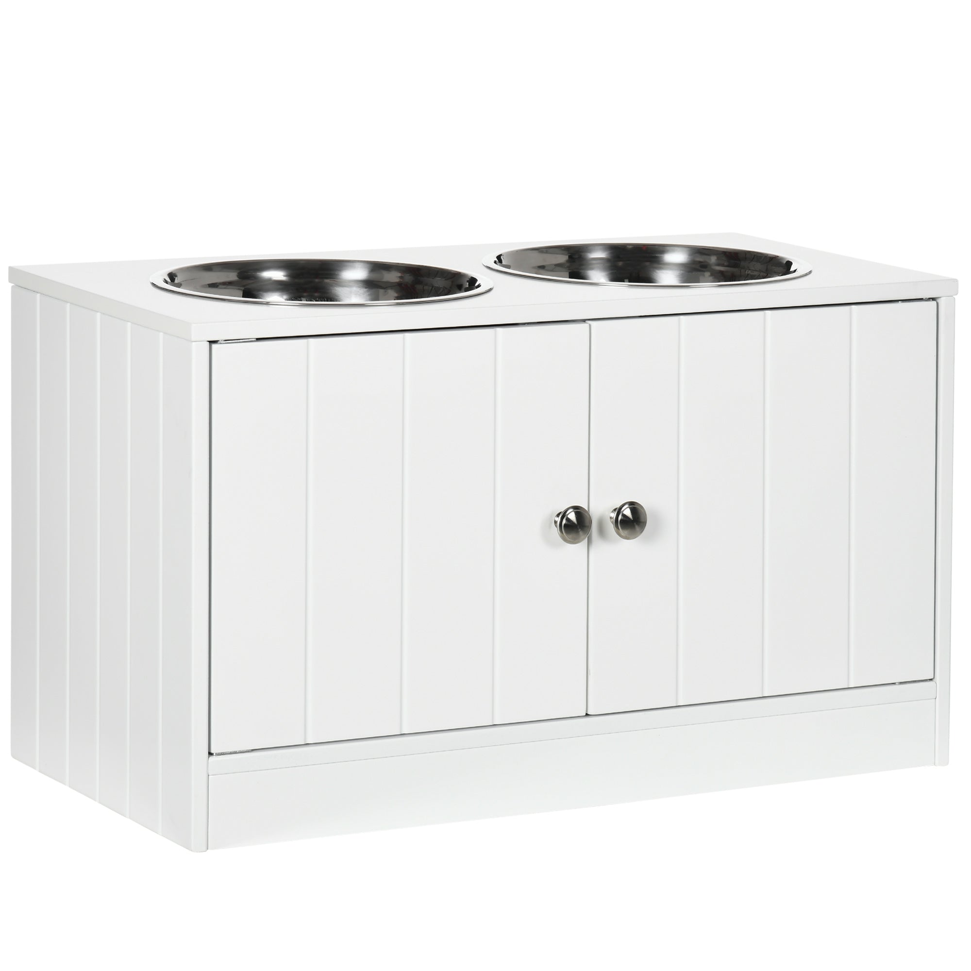 Dog Bowls, Elevated Feeding Station, 2 Stainless Steel Bowls, White