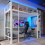 Loft Bed 90x200cm with Desk, Shelves & Drawers, White Iron Frame
