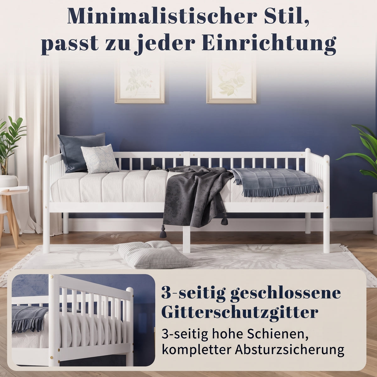 Pine Wood Daybed 90x200cm Sofa Bed with Railings & Slats, White