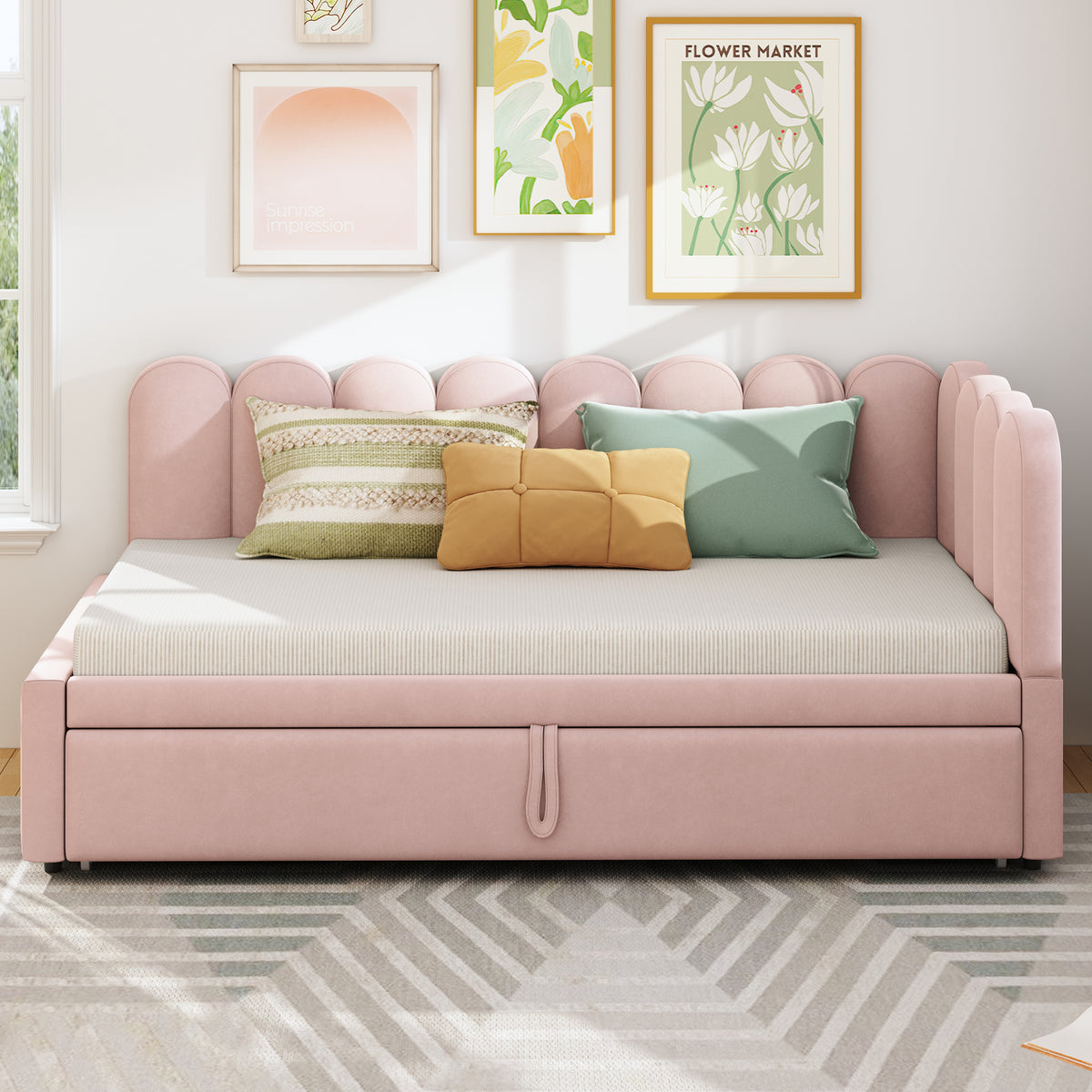 L-Shaped Sleeper Sofa Bed - 2-in-1 Space-Saving, Pink Velvet