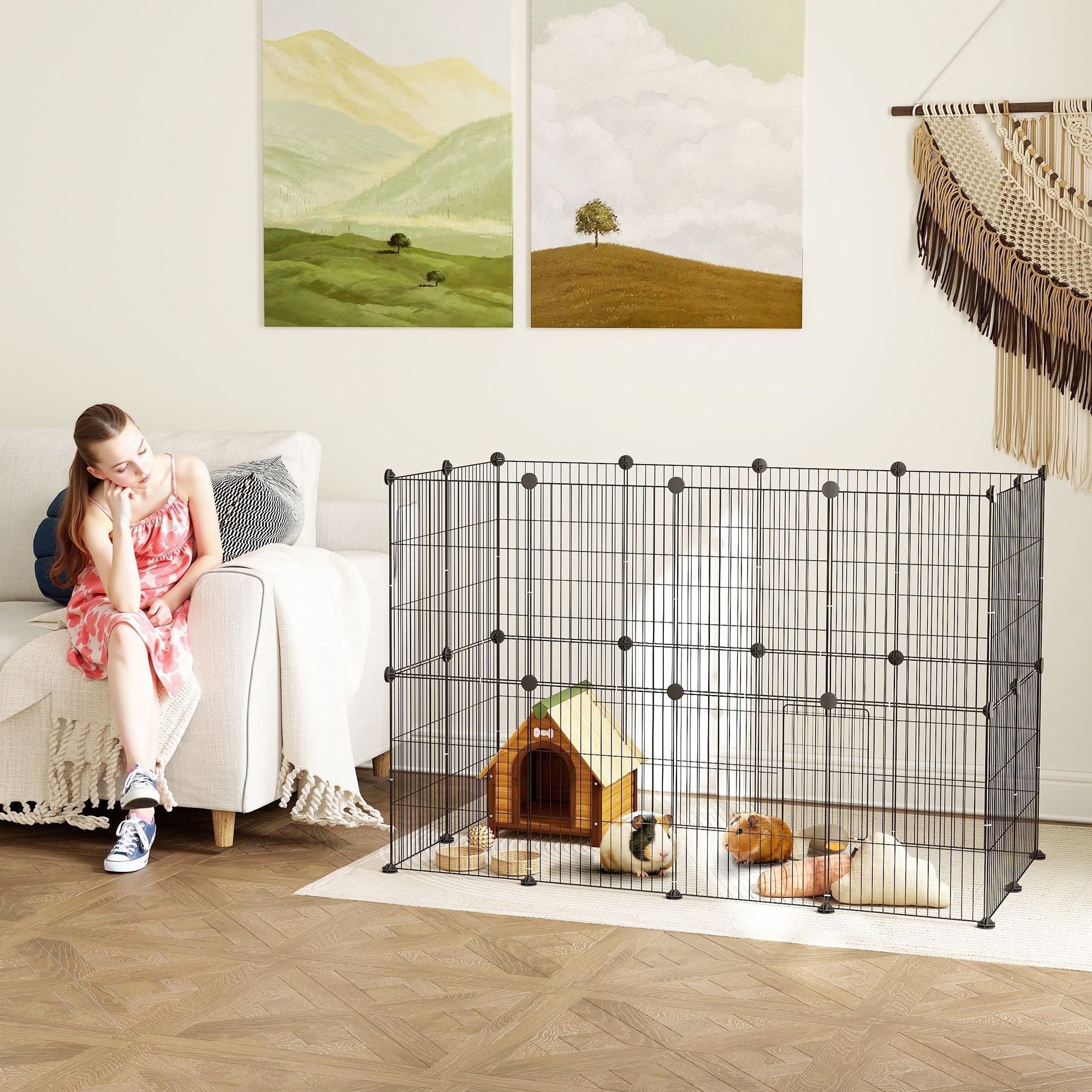 Rabbit/Guinea Pig Enclosure Wire Mesh with Door, Black Steel