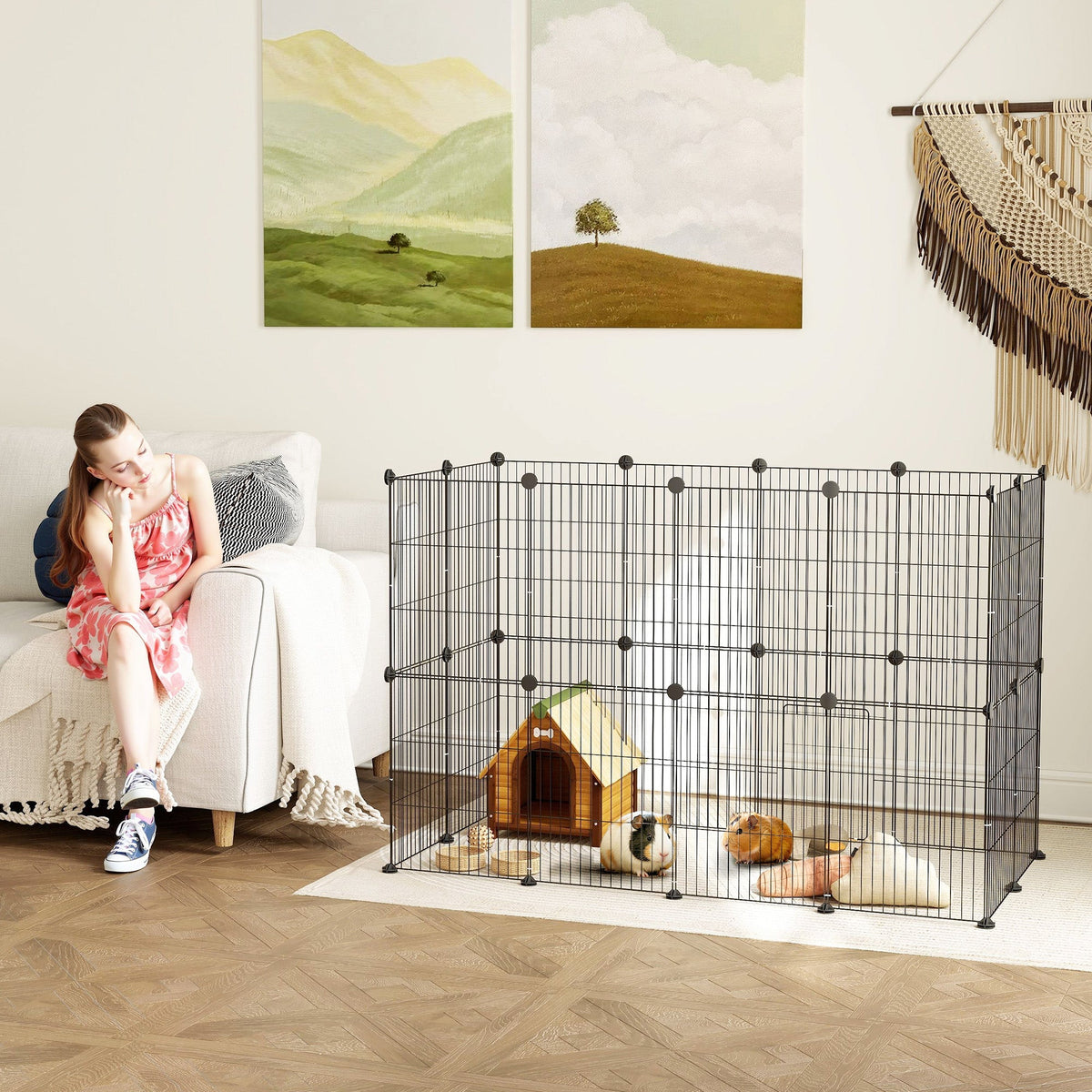 Rabbit/Guinea Pig Enclosure Wire Mesh with Door, Black Steel