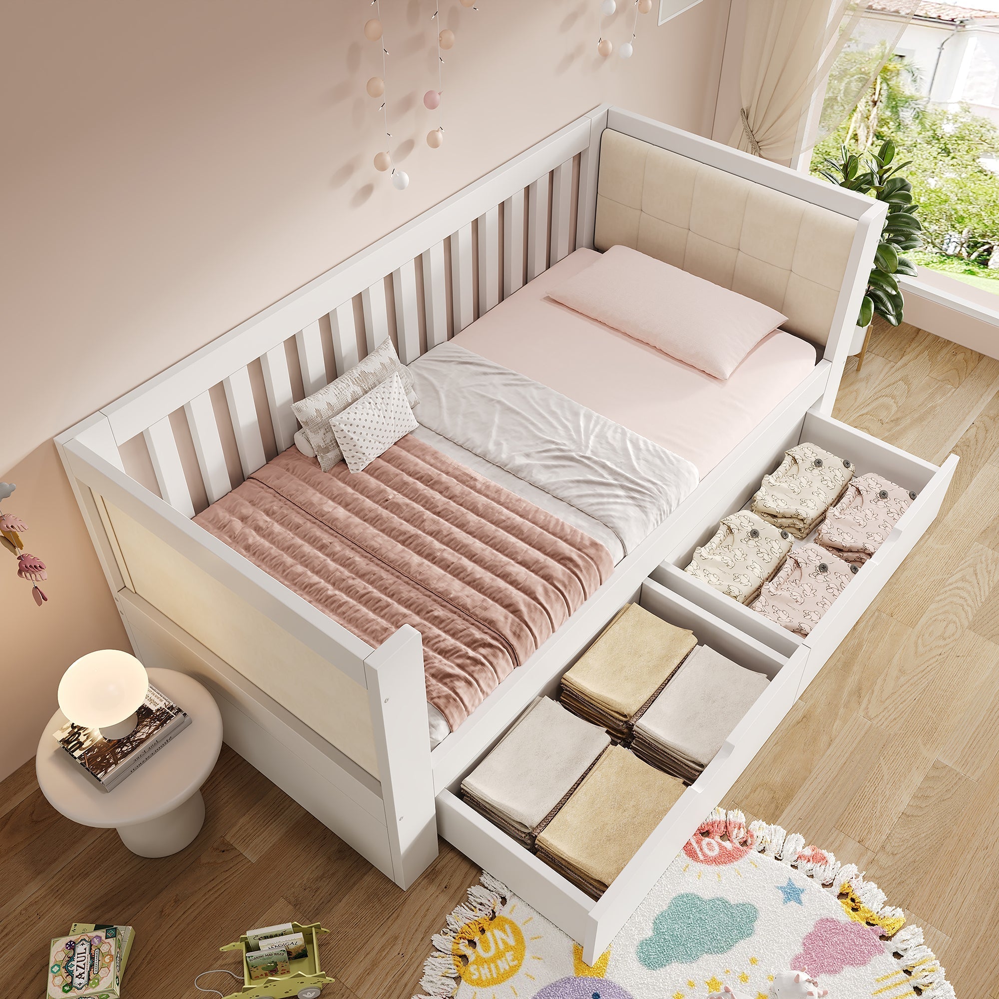 Sofa Bed with 2 Drawers and Rounded Armrests, 90x190cm, White Wood