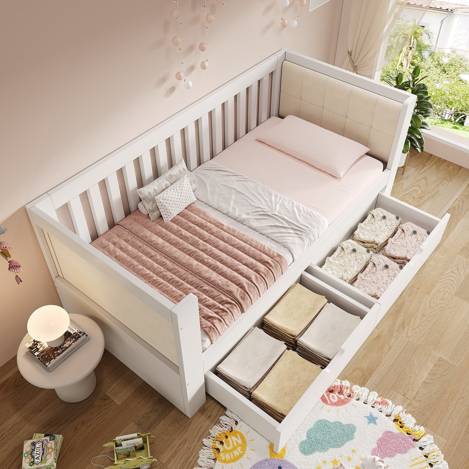 Sofa Bed with 2 Drawers and Rounded Armrests, 90x200cm, White Wood