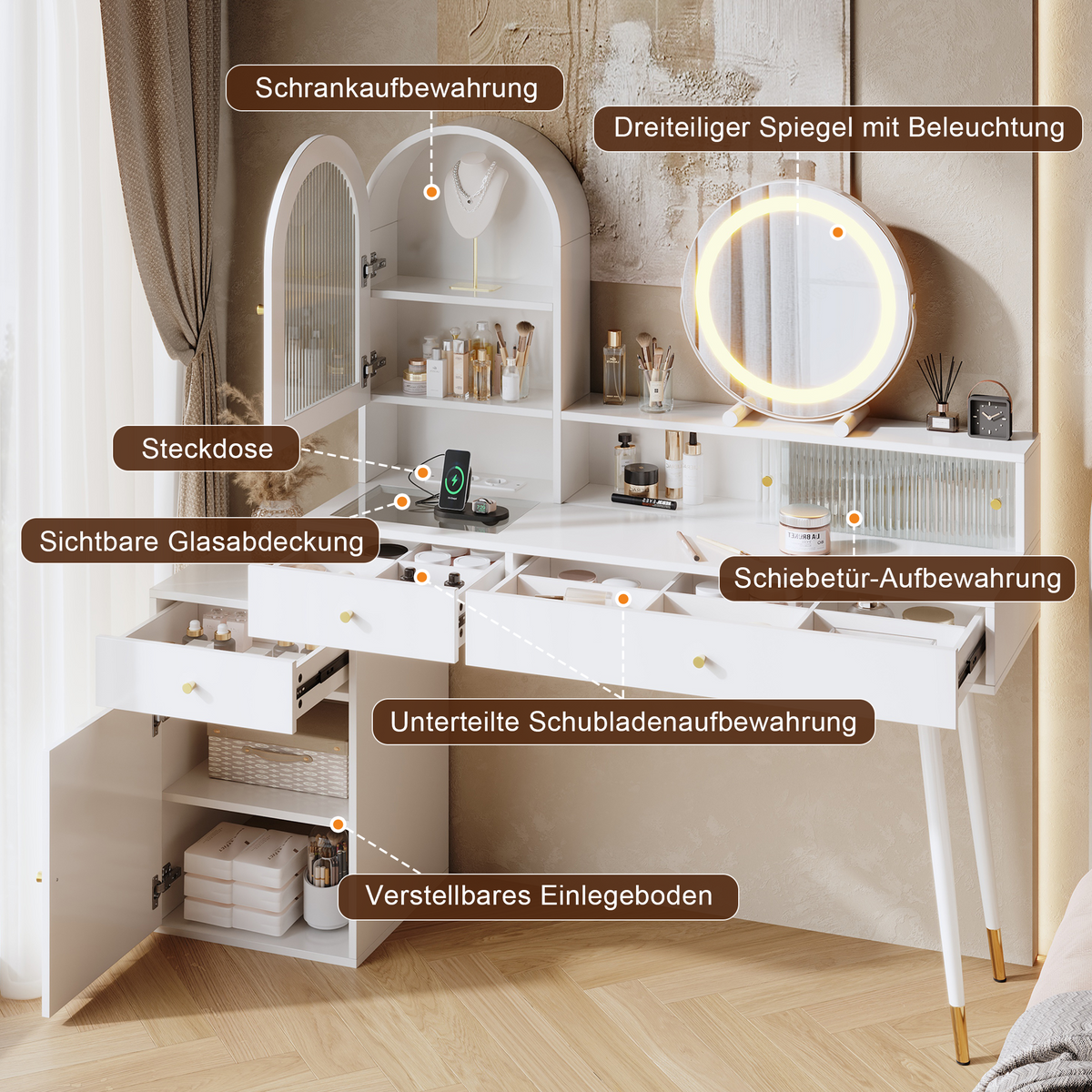 Vanity Table with LED Mirror & USB Ports, L-Shape Design, White