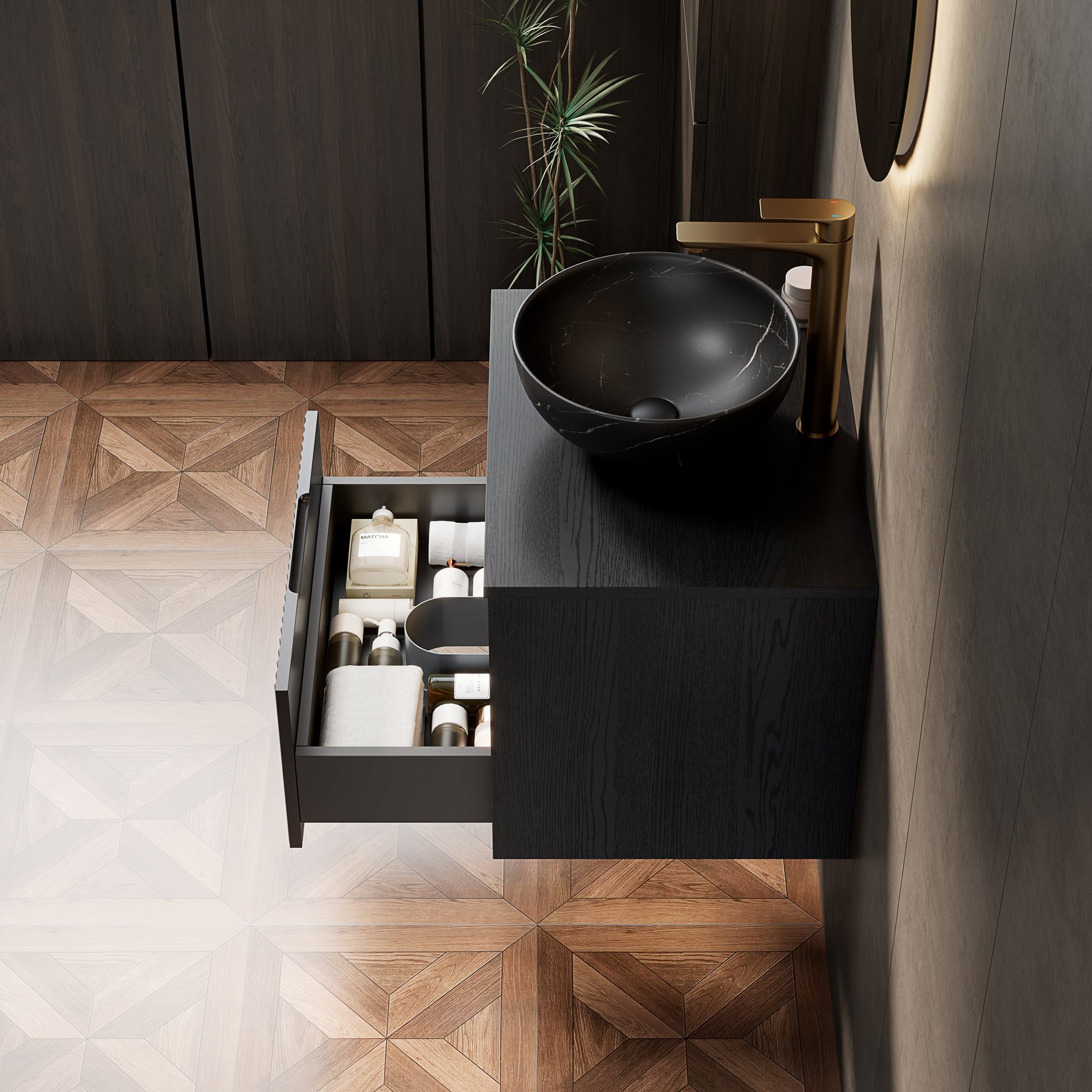Floating Bathroom Washbasin with Ceramic Bowl and Sensor Light, 60cm Plywood Cabinet, Black