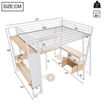 Loft Bed with Desk, LED Lights, Storage and USB Port, 140 x 200 cm, White Iron Frame