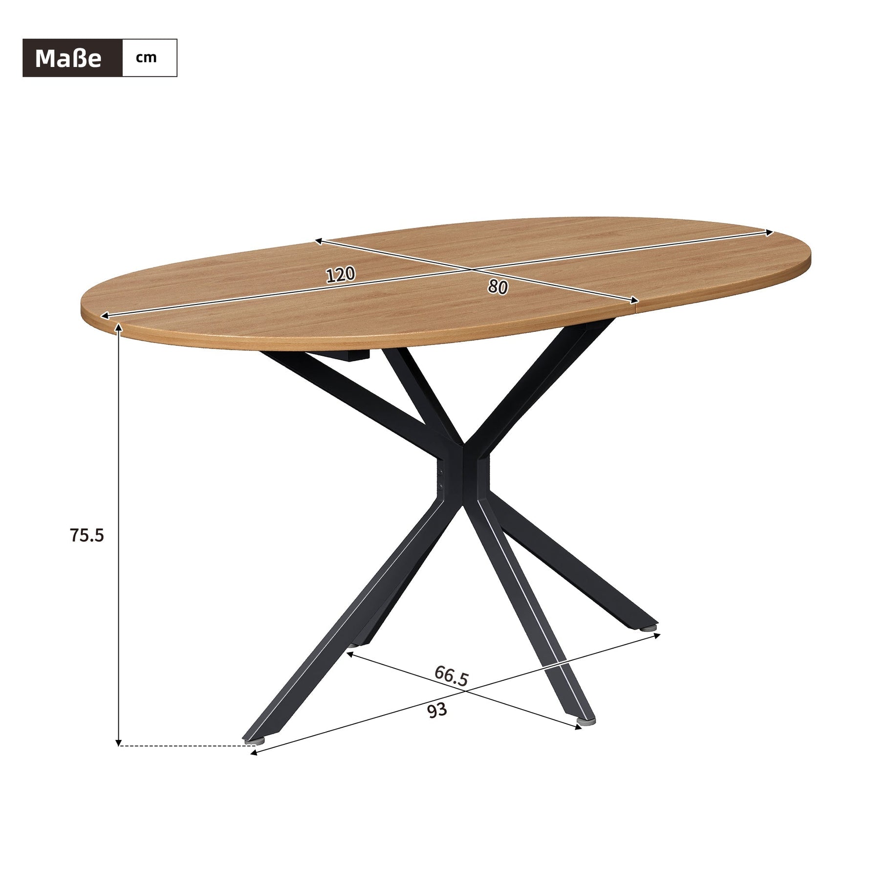 Dining Table Oval 120x80cm 4-6 Seater Metal Legs - Natural