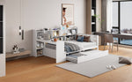 Solid Wood Sofa Bed 90x200cm Desk Bookshelves Pull-out Bed, Multifunctional White