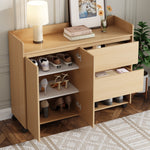 Shoe Cabinet, Movable with Adjustable Shelves, Soft-Closing Hinge, Natural MDF