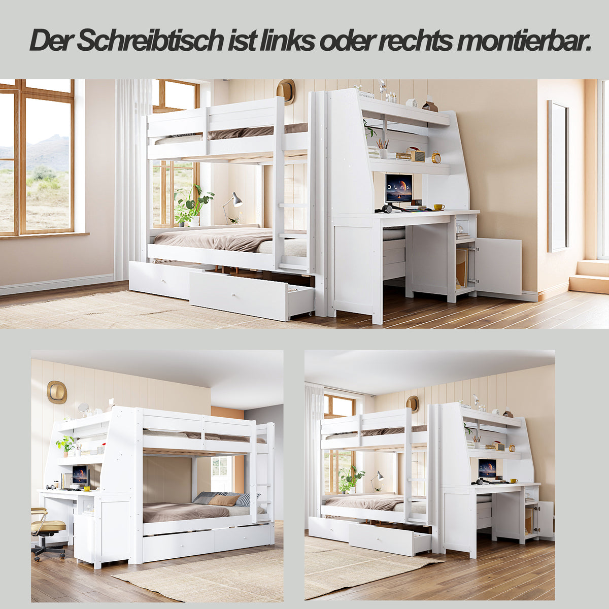 Bunk Bed 140x200cm with Desk, Cabinet & Drawers, White