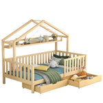 Children's House Bed 90x200cm with Drawers Slatted Base Pine Wood Natural